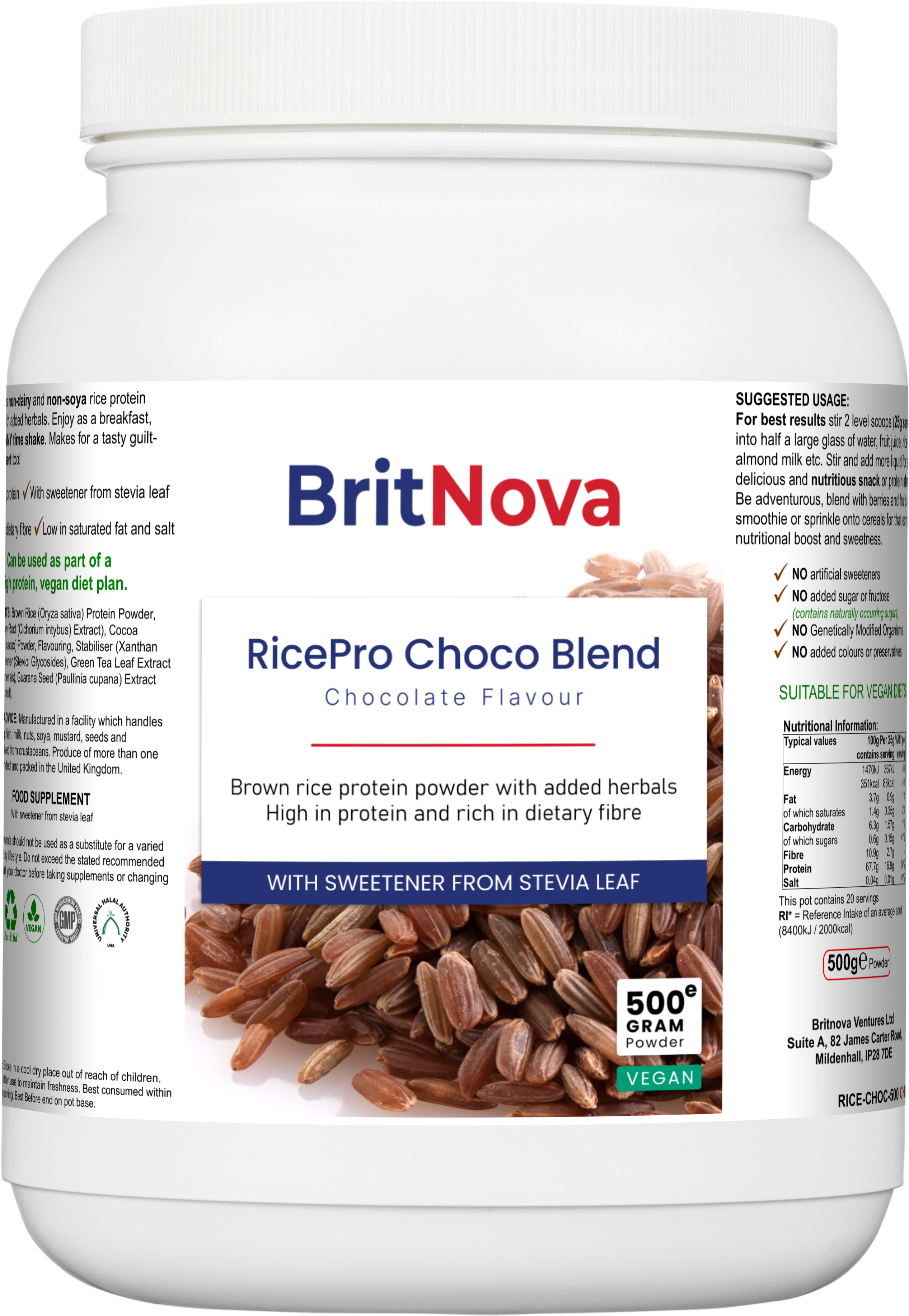 BritNova RicePro Choco Blend – Chocolate Rice Protein with Fibre (500g)